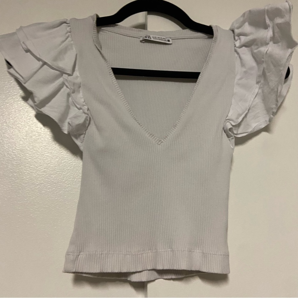 Zara White V-neck Ruffle Sleeve Ribbed Crop Top Size Small